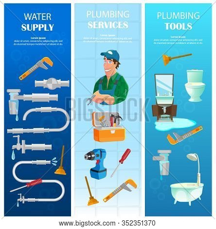 Water Supply, Plumbing Service With Tools Vertical Banners Set. Plumber In Uniform With Equipment Fo