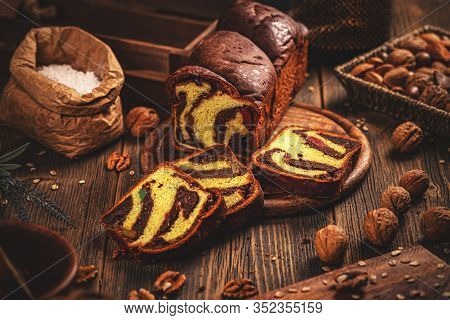 Still Life Of Freshly Baked Sweet Braided Bread Loaf