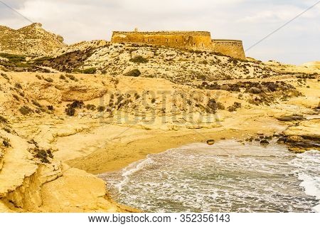 Castle San Ramon Above Beach Of El Playazo, Cabo De Gata Nijar, Province Almer