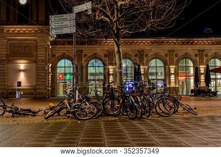 Mainz, Germany - January 28, 2020: Night Streets Near The Main Station In Mainz, Germany.