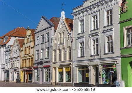 Gustrow, Germany - April 19, 2019: Shops In Historic Building In The Center Of Gustrow, Germany