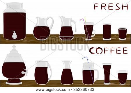 Illustration On Theme Big Kit Different Types Glassware, Coffee Jugs Various Size. Glassware Consist