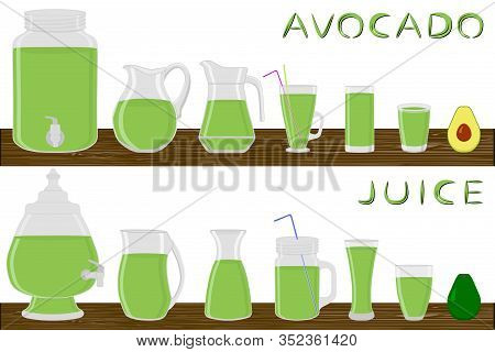 Illustration On Theme Big Kit Different Types Glassware, Avocado Jugs Various Size. Glassware Consis