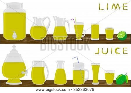 Illustration On Theme Big Kit Different Types Glassware, Lime In Jugs Various Size. Glassware Consis