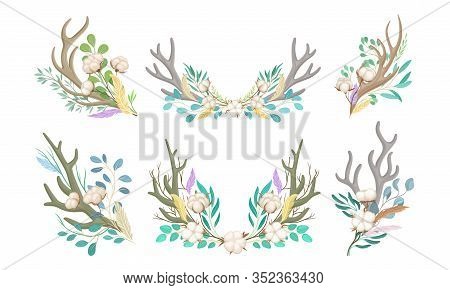 Botanical Composition With Deer Horns And Cotton Flowers Vector Set