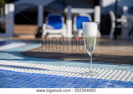 Pool Party With One Glass Of Bubbles White Champagne Or Cava Wine, Romantic Event On All Inclusive H
