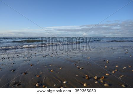 Dutch Landscape, North Sea Sandy Beach During Low Tide Near Castricum Aan Zee, Winter In Netherlands