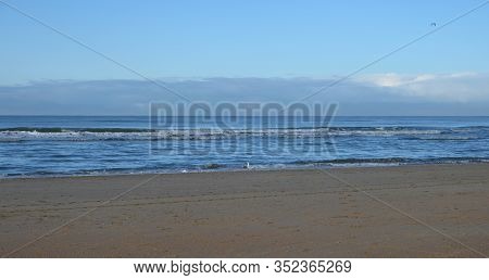 Dutch Landscape, North Sea Sandy Beach During Low Tide Near Castricum Aan Zee, Winter In Netherlands