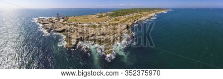 Beavertail Lighthouse In Beavertail State Park Aerial View In Summer, Jamestown, Rhode Island Ri, Us