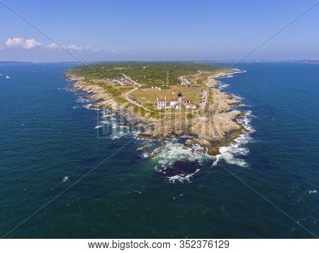 Beavertail Lighthouse In Beavertail State Park Aerial View In Summer, Jamestown, Rhode Island Ri, Us