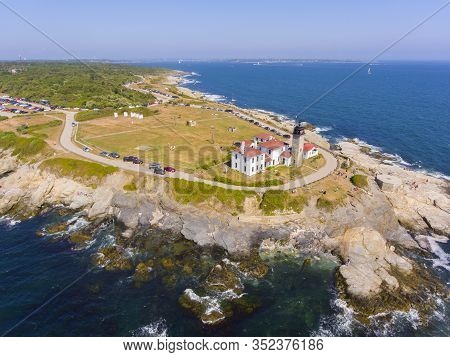 Beavertail Lighthouse In Beavertail State Park Aerial View In Summer, Jamestown, Rhode Island Ri, Us