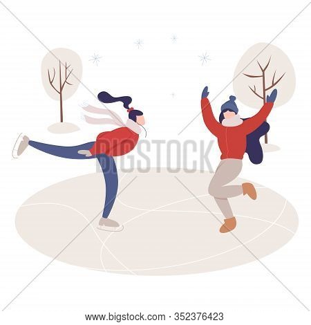 Two Woman Ice Skating. Young Happy Wman Doing Sport.