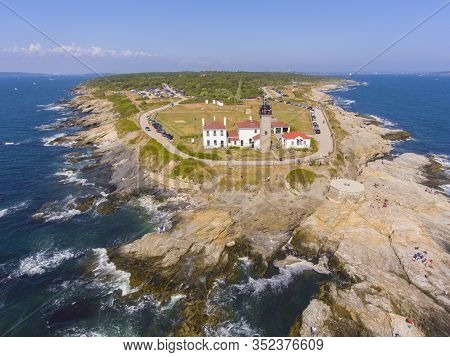 Beavertail Lighthouse In Beavertail State Park Aerial View In Summer, Jamestown, Rhode Island Ri, Us