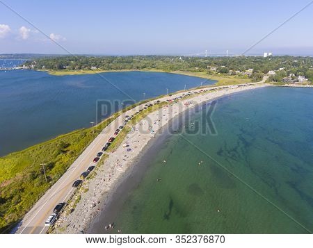 Mackeral Cove Beach And Dutch Island Harbor At Narragansett Bay Aerial View In Summer, Jamestown, Rh