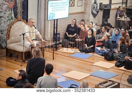 Moscow, Russia - 24 Feb 2020: Iskcon Temple Moscow. Guru Gives A Lecture In The Iskon Temple. Devote