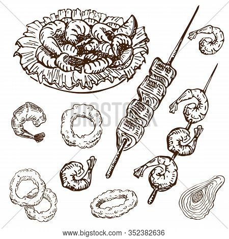 Seafood Hand Drawn Set Isolated. Vintage Engraved Bar Or Pub Food. Fried Beer Snack. Squid Rings, Sh