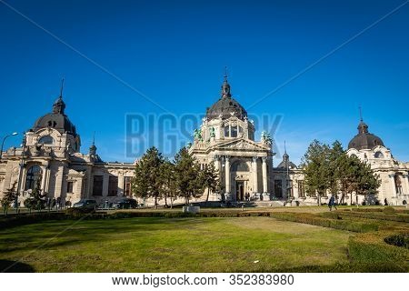 Budapest, Hungary - February 2020:  Széchenyi Thermal Bath Exterior View In Budapest - One Of The La