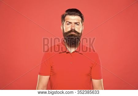 Hiring Barber. Barber Career. Barber Salon. Man Bearded Hipster With Long Beard And Mustache On Red 