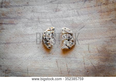 Broken Chocolate Chip Cookies. Cookies Broken In Pieces With Crumbs - Concept Image For Internet Pri
