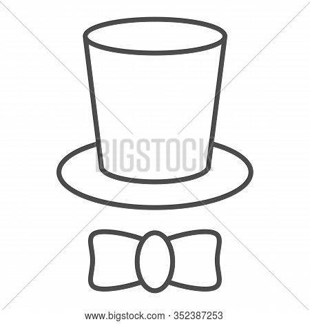 Magician Cap Thin Line Icon. Black Mans Retro Gentleman Hat Cylinder And Bow. Birthday Party Vector 