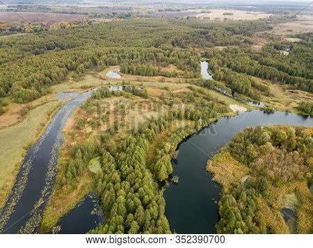 Aerial View Of River Snov In Autumn Near Village Of Sednev, Chernihiv Region, Ukraine.