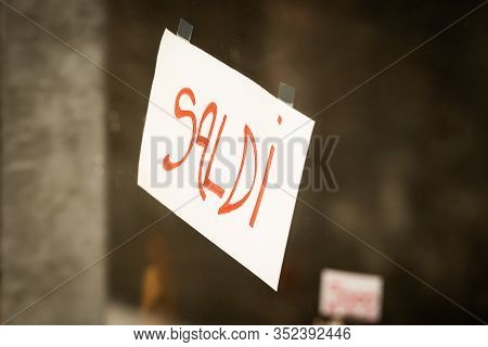Italian Sign For Saldi / Sale On A Shop Window In Venice (italy)