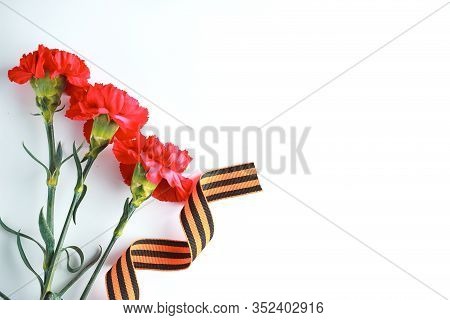Three Red Carnations And St. George Ribbon (russian Symbol) On A White Uniform Background. Greeting
