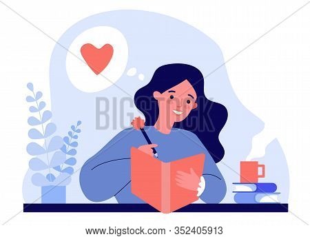 Teenage Girl Writing Diary Or Journal. Happy Young Woman Reading Book And Taking Notes With Pencil. 