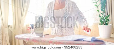 Woman Ironing Clothes, Blue Colors, Home Decor