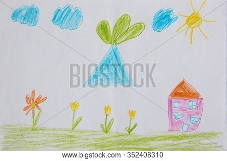 Childish Drawing Of House Clouds And Flower Bed. Joy Summer Children Drawing With Tulips House And L