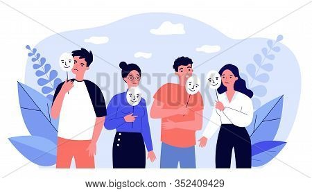 Depressed Guy And Girls Holding Positive Masks On Sticks. Sad People Covering Unhappy Faces. Vector 