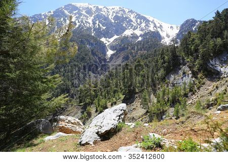 Landscape with Majestic Tahtali Dagi mountains on Lician way tourist path in Turkey