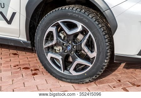 Samara, Russia - February 23, 2020: Modern Subaru Car Wheel Of Light Alloy Disc With Low Profile Tir
