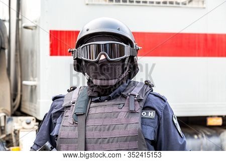 Samara, Russia - February 23, 2020: Special Forces Soldier Of Rosgvardia In Uniform With Helmet. Ros