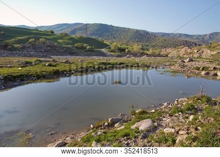 Lake In Xizi . Amazing Landscape Of Lake With Crystal Clear Green Water And Blue Sky. Panoramic View