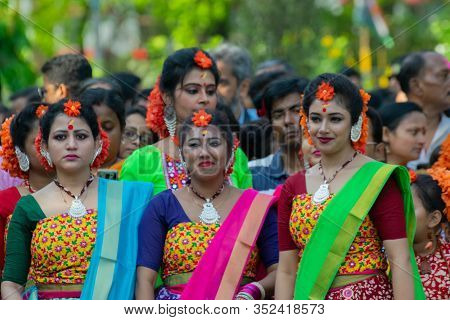 Kolkata, India - 21st March, 2019 : Three Lady Dancers Dressed In Sari, Traditional Indian Dress Wit