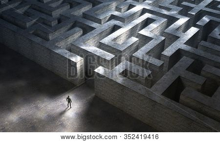 Small Man Entering A Huge Mysterious Maze. 3d Rendering