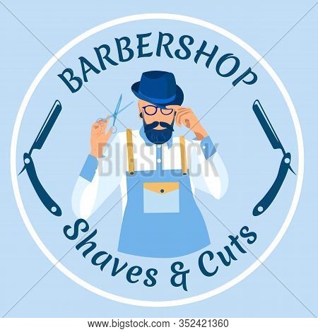 Barbershop Banner. Professional Bearded Man Barber Wearing Apron And Hat Posing With Scissors In Bar