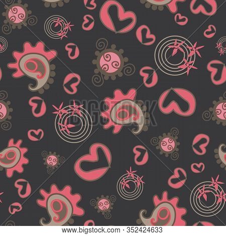 Flowers Night-paisley Dreams Seamless Repeat Pattern Background. Modern Paisely, Hearts And Abstract