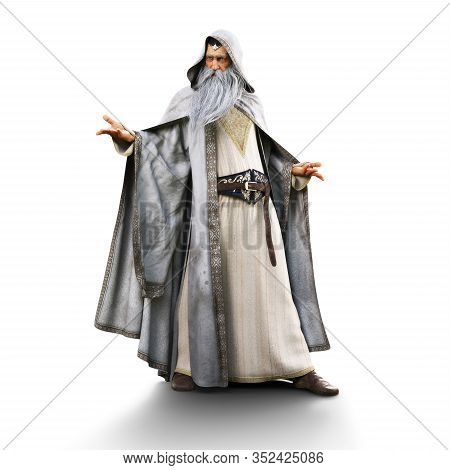 Portrait Of A Wizard Preparing To Cast A Spell On An Isolated White Background. 3d Rendering