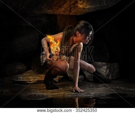 Thrill Seeking Female Exploring Alone Deep Into A Forgotten Ancient Cave In Search Of Adventure And 