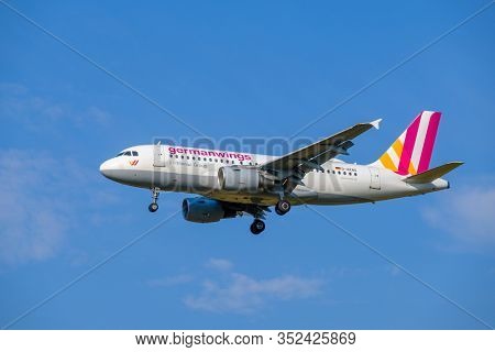 Zurich, Switzerland - July 19, 2018: Germanwings airlines airplane preparing for landing at day time in international airport, clear blue sky