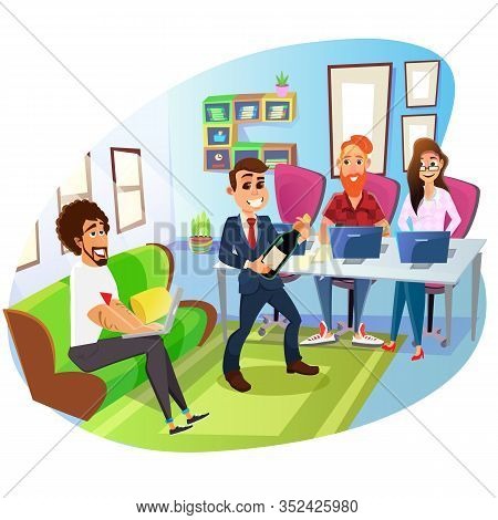 Positive Boss In Business Suit With Bottle Wine, Came To Celebrate Good News With Colleagues. Trendy
