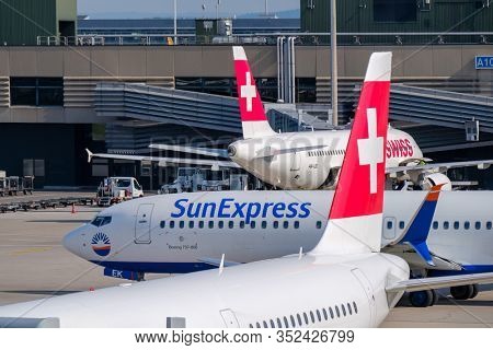 Zurich, Switzerland - July 19, 2018: SunExpress Turkish airlines airplane preparing for take-off at day time in international airport