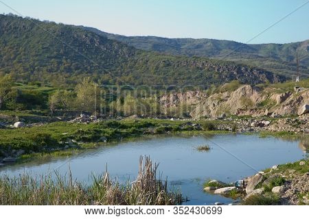 Lake In Xizi . Amazing Landscape Of Lake With Crystal Clear Green Water And Blue Sky. Panoramic View