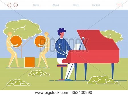 Artist Playing Piano Outside Art Gallery Flat Cartoon Vector Illustration. Musician Character Playin