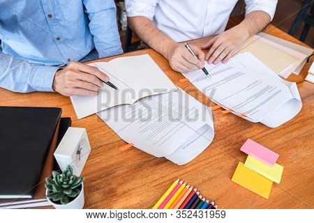 Tutor Book With Friends Education, Group Students Studying And Teaching Helping And Study Course Wit