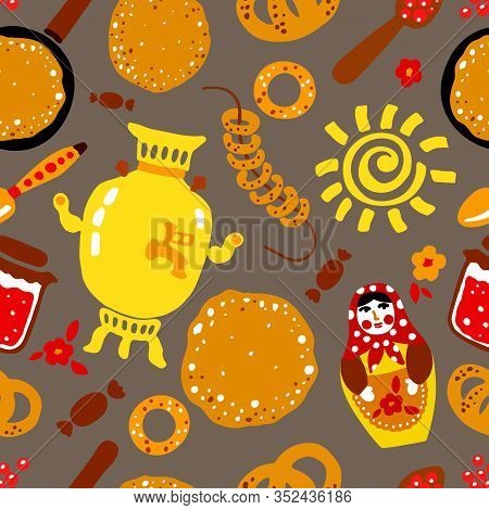 Maslenitsa Or Shrove Tuesday. Wide Maslenitsa Seamless Pattern. Great Russian Holiday Shrovetide. Sa