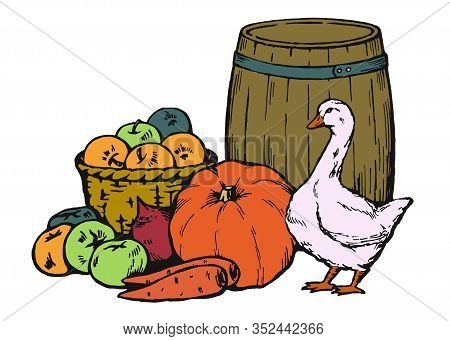 Fall Rural Still Life With Gourd, Apples, Carrots, Beets, Wicker Basket, Wooden Barrel And Goose. Ve