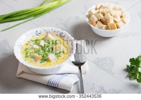 Creamy Potato Soup With Croutons And Fresh Herbs